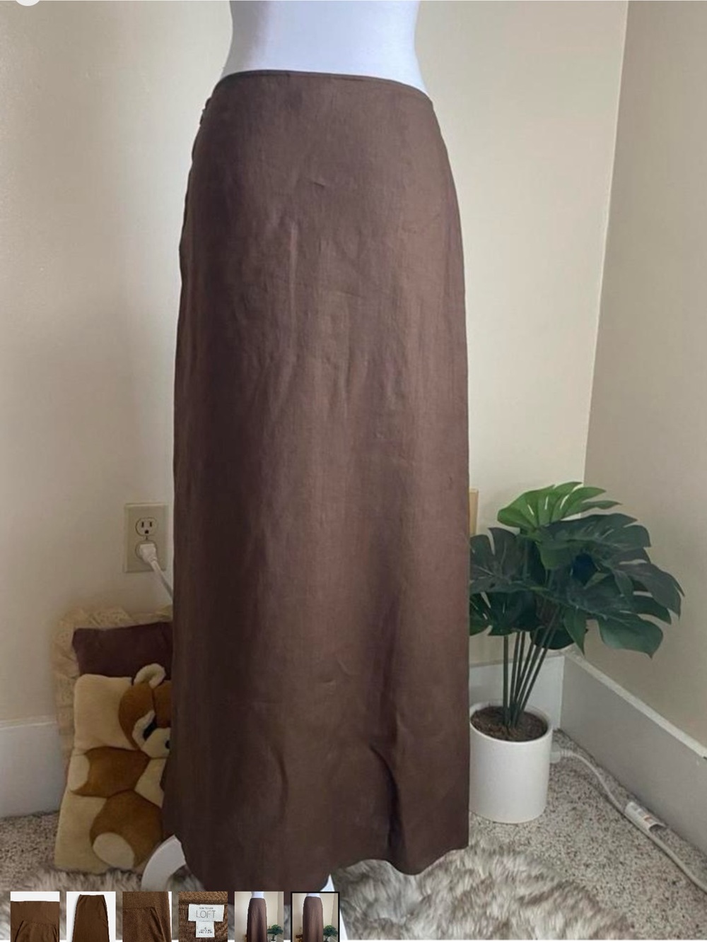 2000s minimalist brown 100% linen maxi skirt - Picture 2 of 4